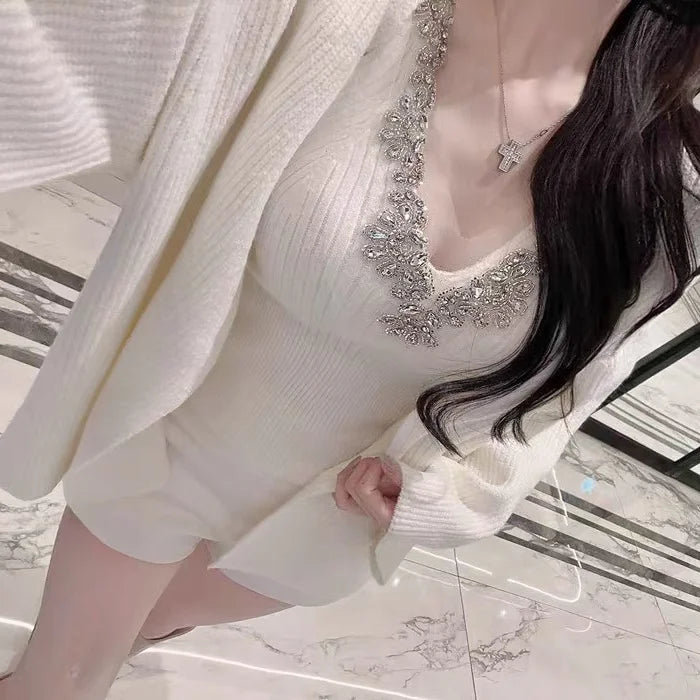 Korean Sle Sexy Sequin Strap Vest Women's Inner Knitted Cardigan Coat Autumn Two-Piece Set Faionable Top And Bot Ensemble