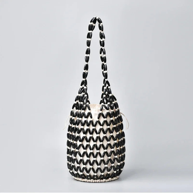 Summer Boho Style Hollow Out Woven Bag for Women Fashion Wooden Beads Shoulder Bag Seaside Holiday Mesh Bucket Tote Bags Bolsa