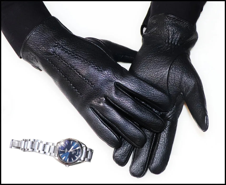 Men's and Women's High-end Buckskin Goat Leather Gloves Autumn and Winter Thin Warm Knitted Wool Lining Driving Leather Gloves