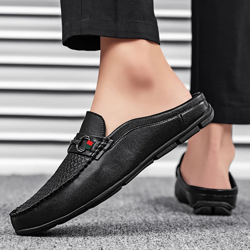 Large Size Mules Men Half Shoes For Man Slippers Leather Mens Semi-Drag Casual Shoes Backless Loafers Male Slides Flats Sandals