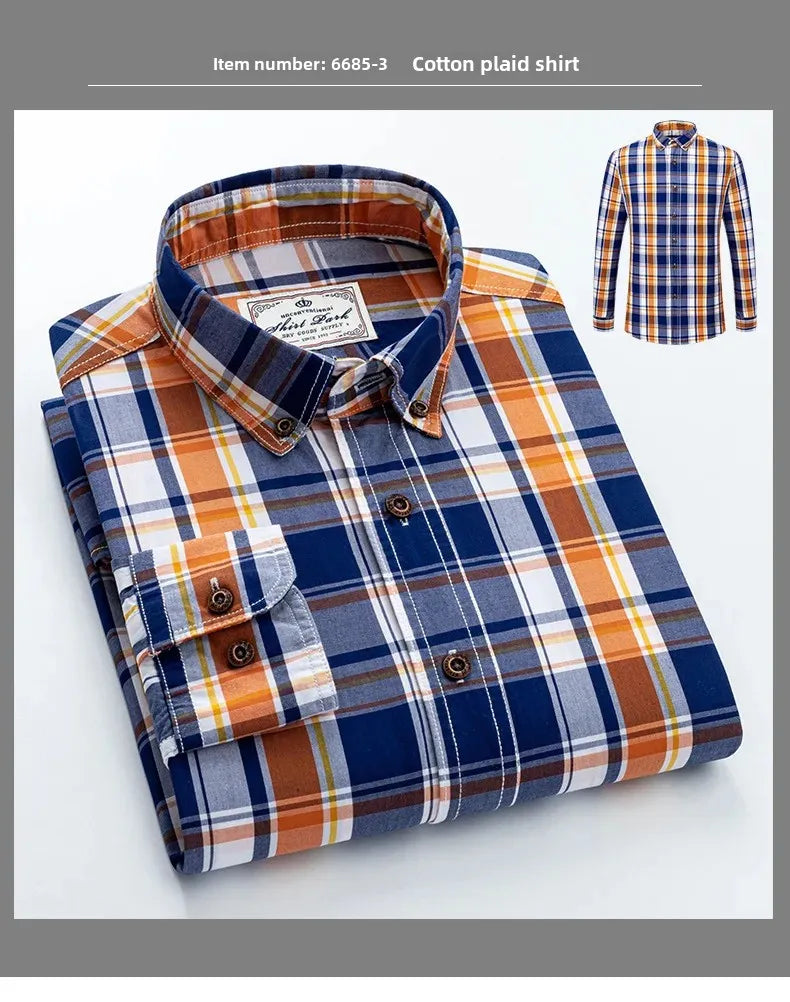 Neue Herren-Langarmhemd aus reiner Baumwolle im Karomuster Frühling Ganzbaumwoll-Freizeithemd Koreanischer Stil Schlank machend Glättet Ihre Silhouette Bügelfrei