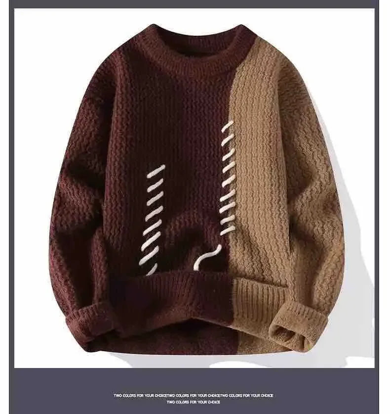 Autumn Winter Men Sweater O-Neck Patchwork Contrast Color Korean Trend Fashion Thicken Warm Pullovers Long Sleeve Knitted Tops