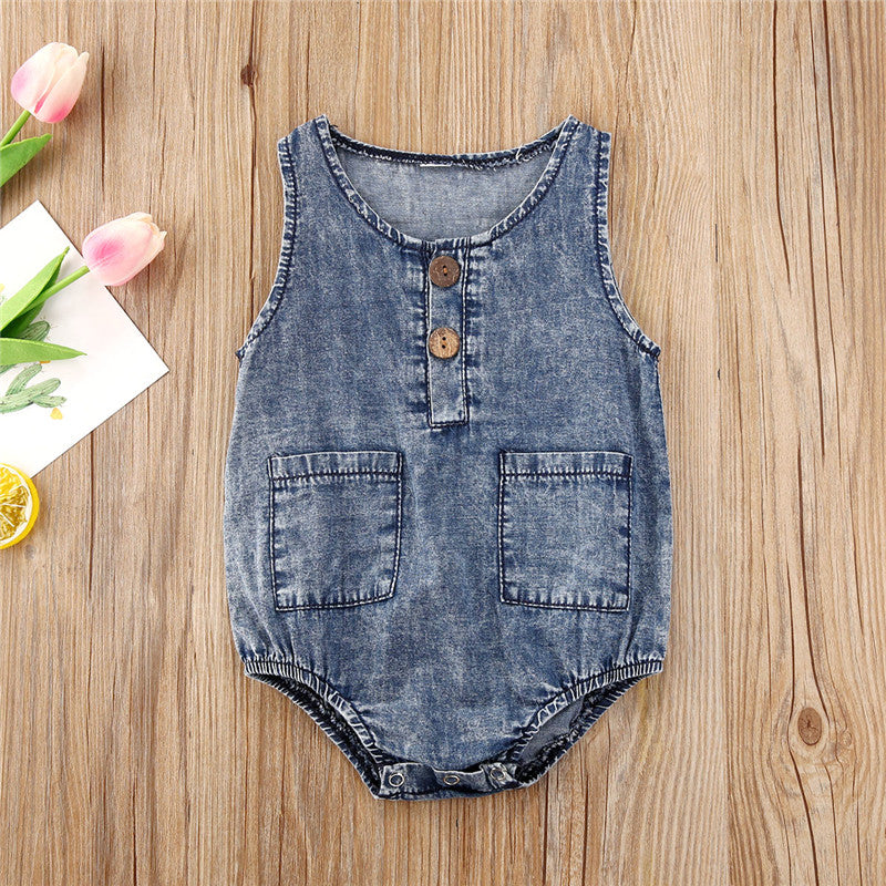 0-24months Toddler Summer Playsuits Baby Denim Blue O-Neck Sleeveless Button Open Denim Bodysuit For Infant Boys And Girls