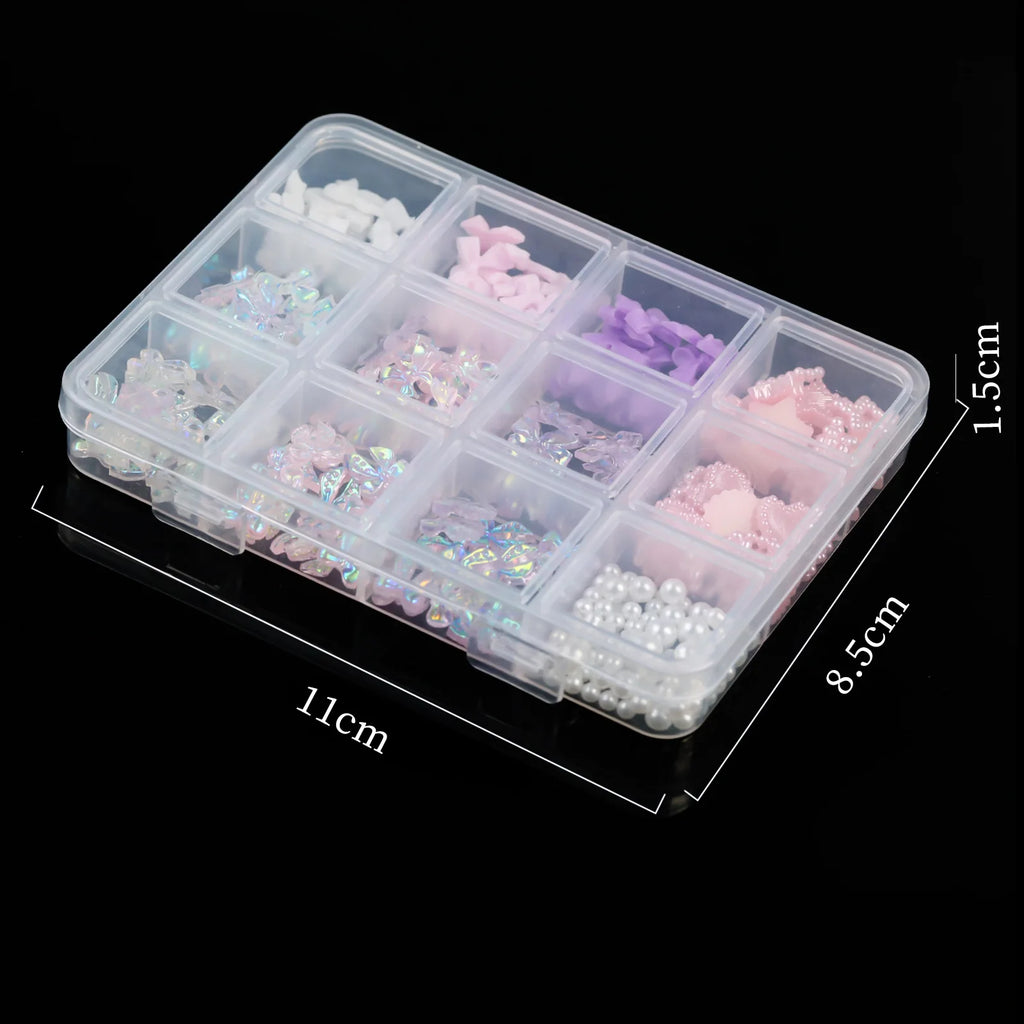 12Grids Mixed Resin Bowknot Nail Art Decorations 3D Aurora Ribbon Bow AB Rhinestones Pearl Flowers Nail Charms DIY Manicure Part
