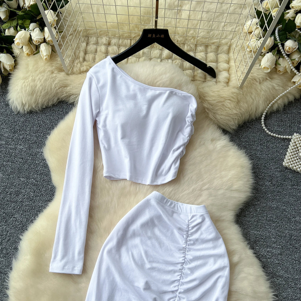 Chic Two-piece Sets One Shoulder Long Sleeve Diagonal Collar Blouse Basics High Waist Split Skirt High Street Vintage Clothing