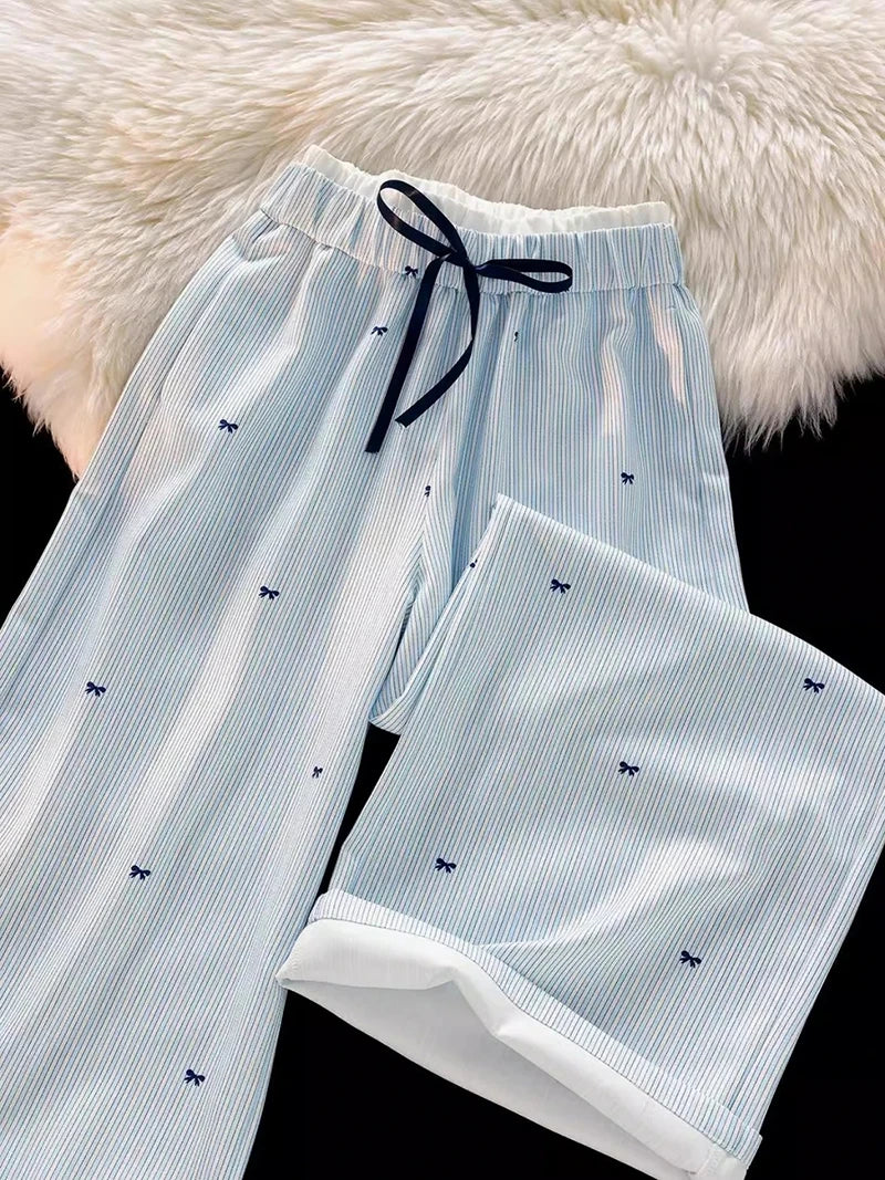 Zoki Sweet Bow Striped Pants Women High Waist Korean Casual Wide Leg Trousers Elegant Fashion Loose Cute Female Spring Pants New