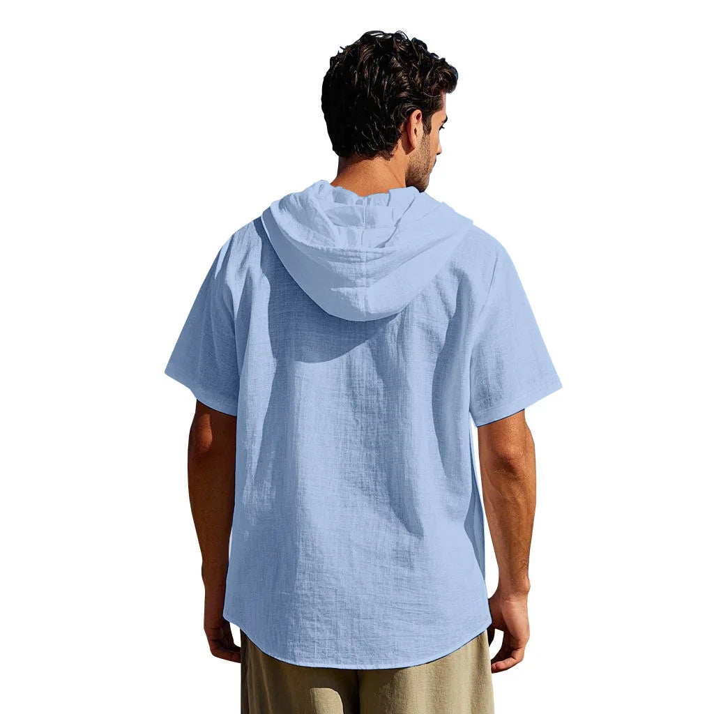 American Summer Men's Thin Breathable Linen Ami Kaji Loose Hooded Short-sleeved Shirt Men
