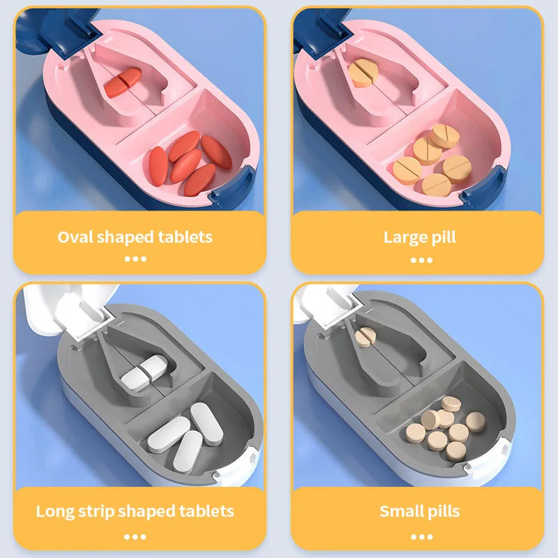 Portable Pill Splitter -2-in-1 Pill Box with Stainless Steel Blade - Suitable for Vitamin Tablets - Cutting Pills 1/2, 1/4 with
