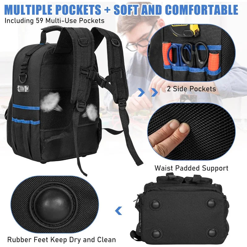 ‌Multifunctional Waterproof Tool Backpack with Padded Shoulder Straps Removable Organizer Pouch Electrician Plumber Work Bag