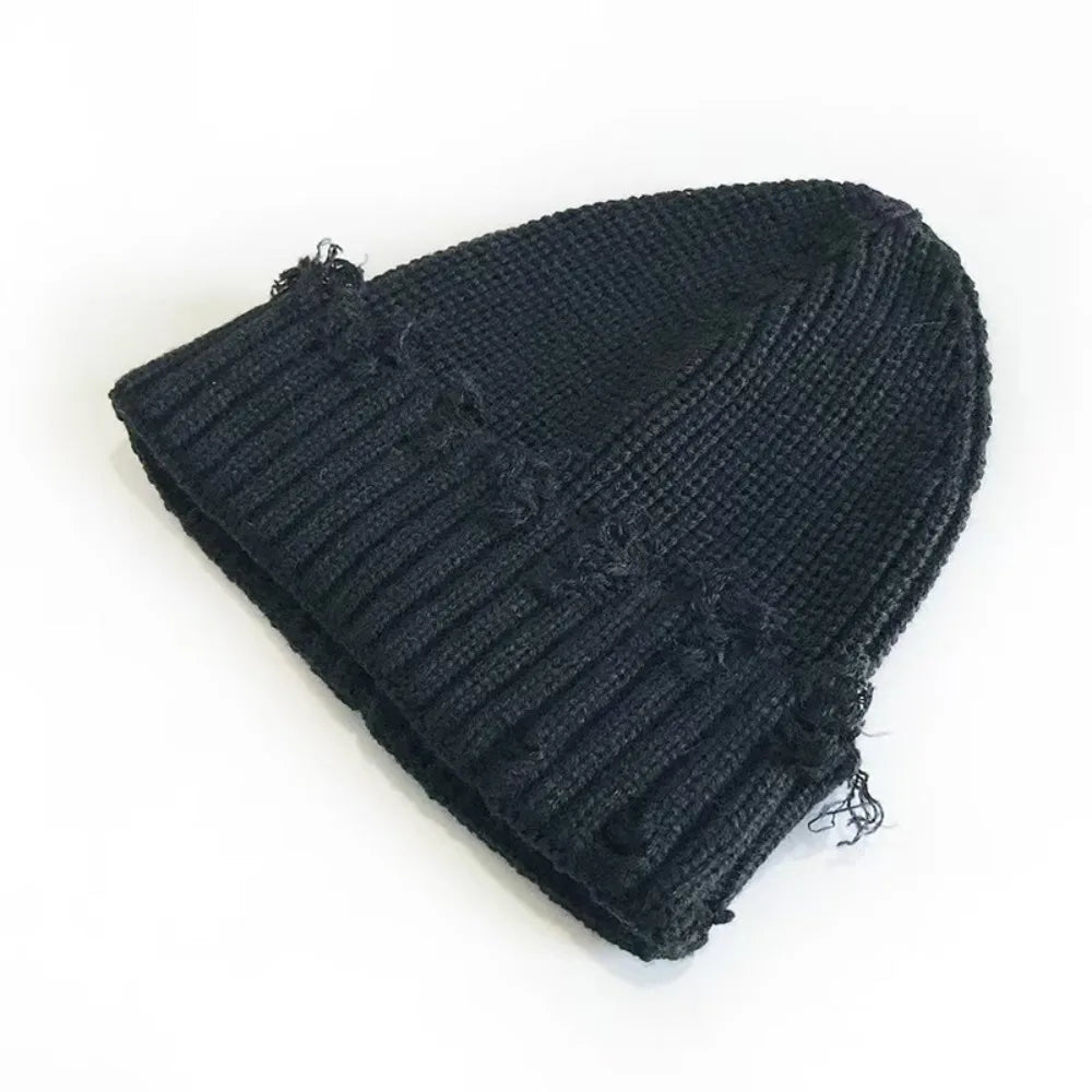 Solid Color Dilapidated Hole Knitted Hat Thickened Ear Protection Warm Cap Beanie Cap Hip-Hop Hat Unisex Pompoms Hat