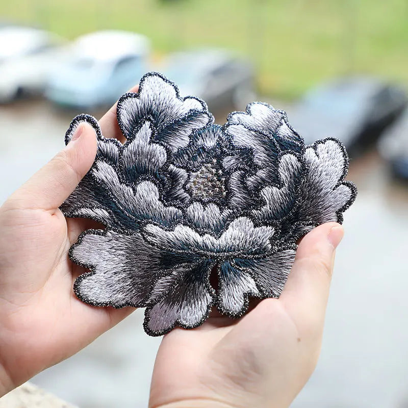 1 Piece 14.5*13cm Blue Pink Yellow Red Peony Embroidery Patch Applique Sew on Patch for Evening Dress Bag DIY Glue-free
