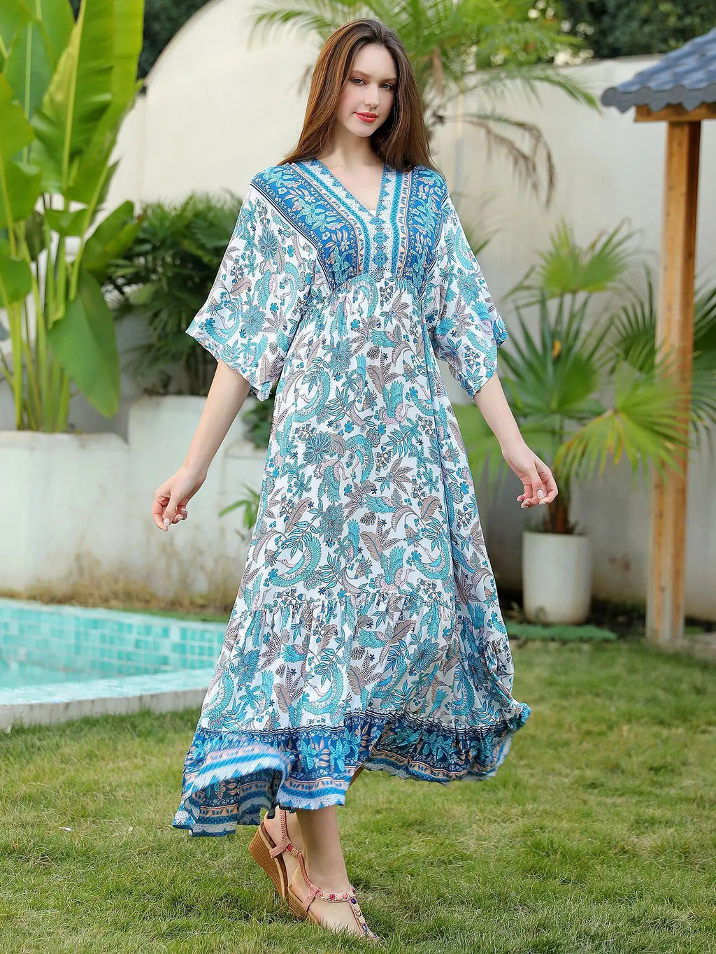 Bohemian Oversize Loose Elastic Waist Maxi Dresses Women Robe Cotton Rayon Floral Printed Long Dress Summer Boho Beach Cover up