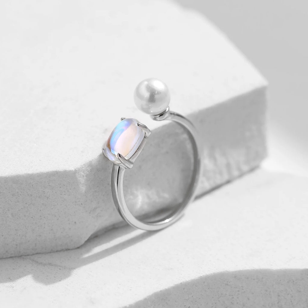 MODIAN 925 Sterling Silver Fine Jewelry Daily Accessories Charming Elegant Moonstone Crystal Pearls Adjustable Rings For Women