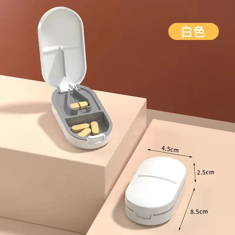 Portable Pill Splitter -2-in-1 Pill Box with Stainless Steel Blade - Suitable for Vitamin Tablets - Cutting Pills 1/2, 1/4 with