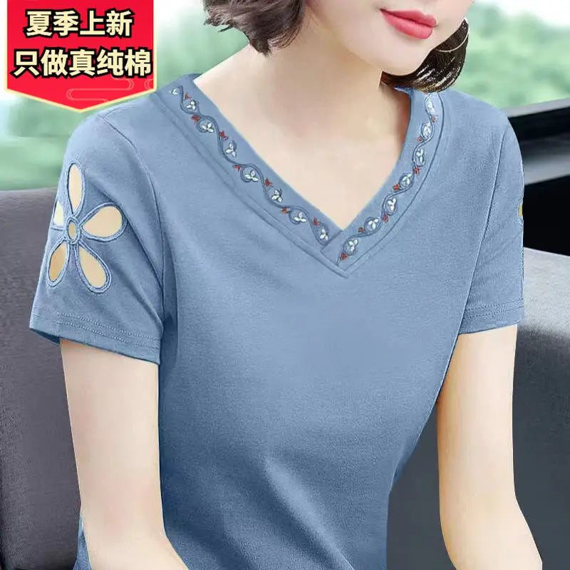 Simplicity Office Lady Summer New Pure Cotton Women's Solid V-Neck Embroidered Fashion Casual Loose Short Sleeve T-Shirts Tops