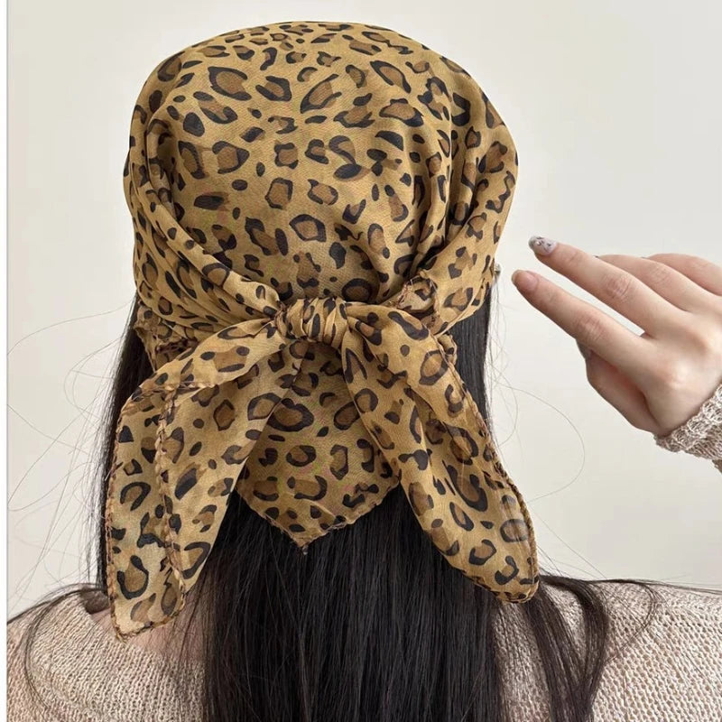 Retro Leopard Print Square Scarf for Women Satin Thin Edge Scarves Head Band Fashion Y2K Lady Hair Shawl Wrap Female Neckerchief