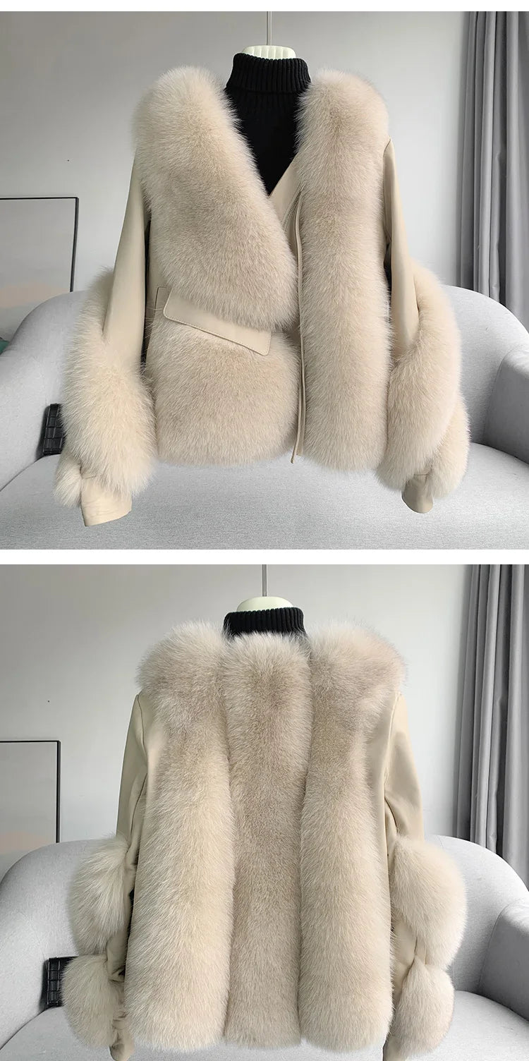 OFTBUY 2022 Real Fur Coat Winter Jacket Women Natural Fox Fur Genuine Leather Outerwear  Streetwear Locomotive Thick Warm New