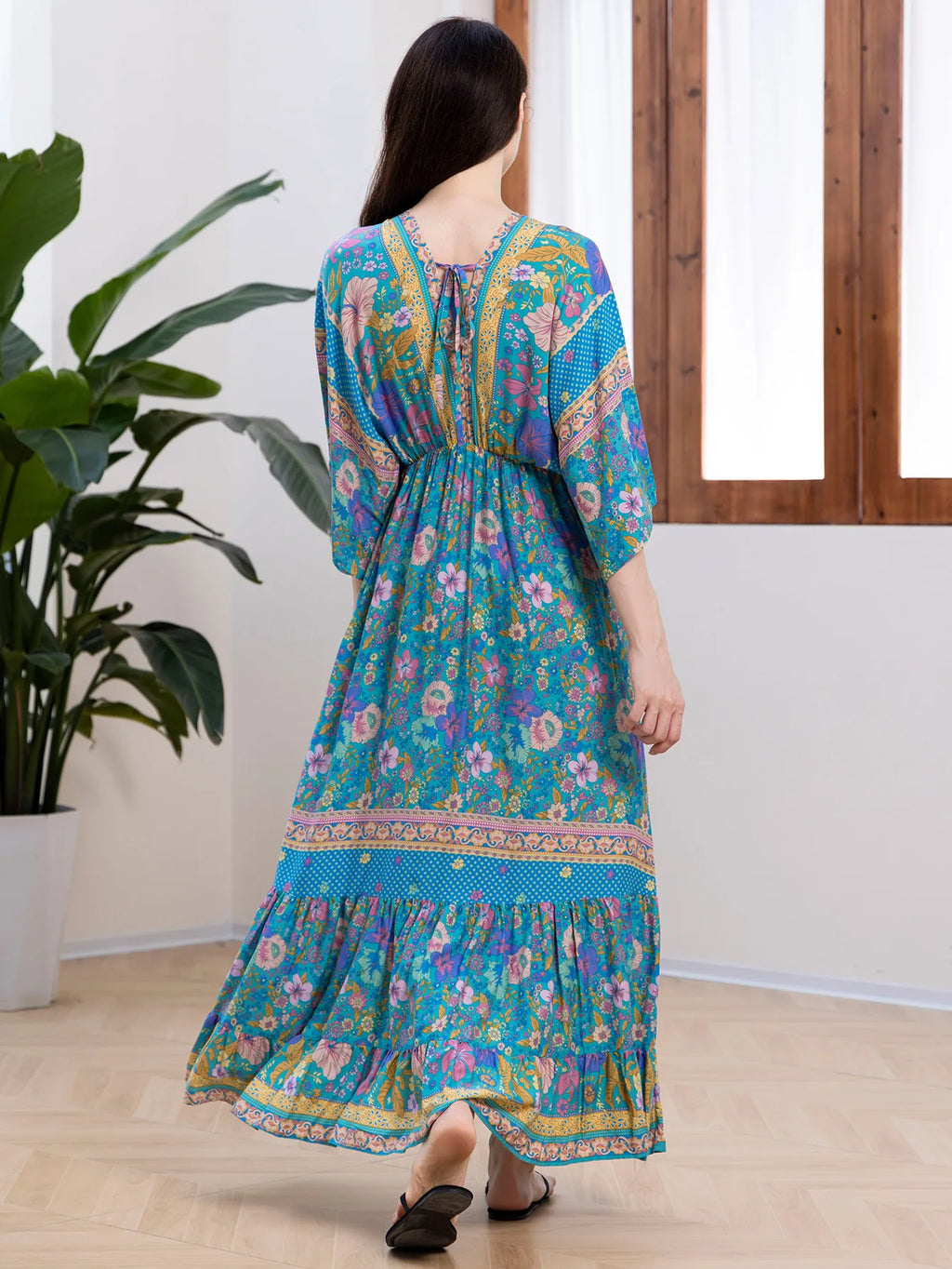 Bohemian Oversize Loose Elastic Waist Maxi Dresses Women Robe Cotton Rayon Floral Printed Long Dress Summer Boho Beach Cover up