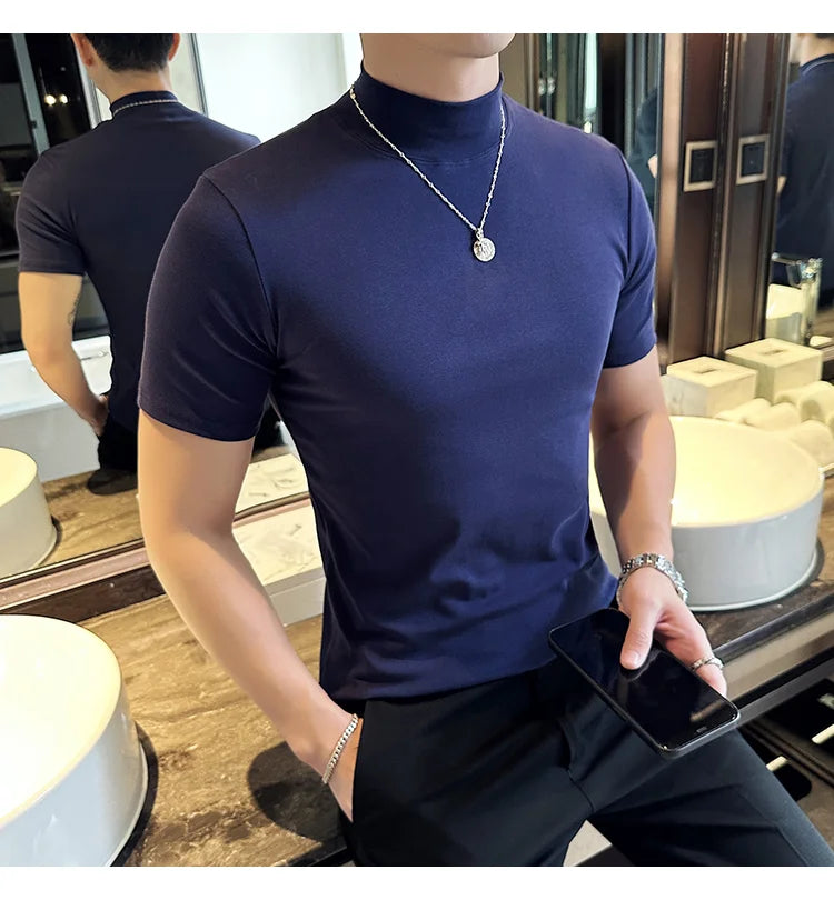 Spring Summer Men's Half High Neck Short Sleeve T-shirt Korean Slim Fit Solid Color Bottom Shirt Casual Cotton Elastic T-shirts