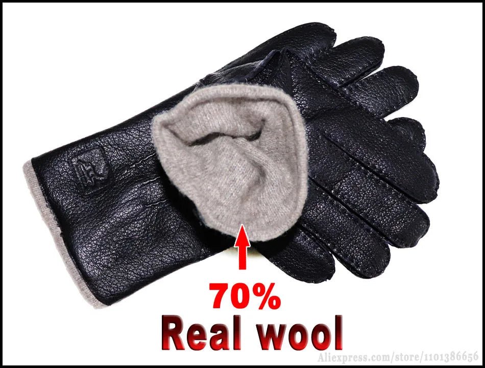 Men's and Women's High-end Buckskin Goat Leather Gloves Autumn and Winter Thin Warm Knitted Wool Lining Driving Leather Gloves