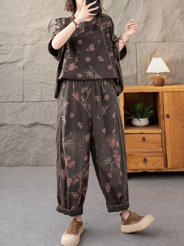 AmaxluluE 2025 Summer Women Denim Suits Loose Printed Two Pieces Sets Floral Outfit O Neck Tops Tees Vintage Jeans Fashion Pants