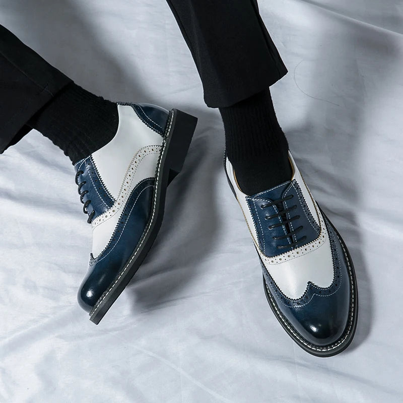 British Men's Trendy Shoes Handmade Sole Brogue Shoes Fashionable Blue Men's Leather Casual Shoes Versatile Free Delivery
