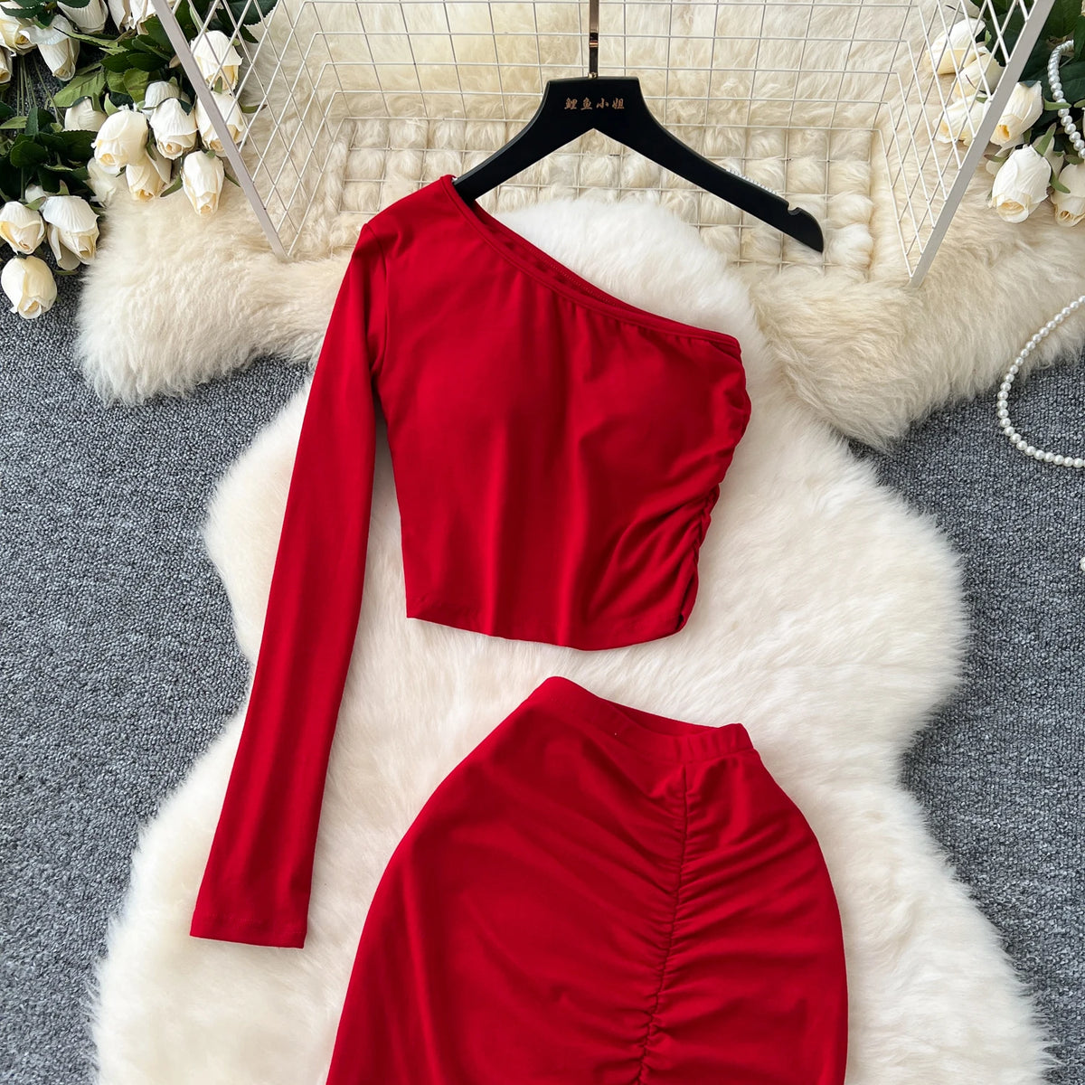 Chic Two-piece Sets One Shoulder Long Sleeve Diagonal Collar Blouse Basics High Waist Split Skirt High Street Vintage Clothing