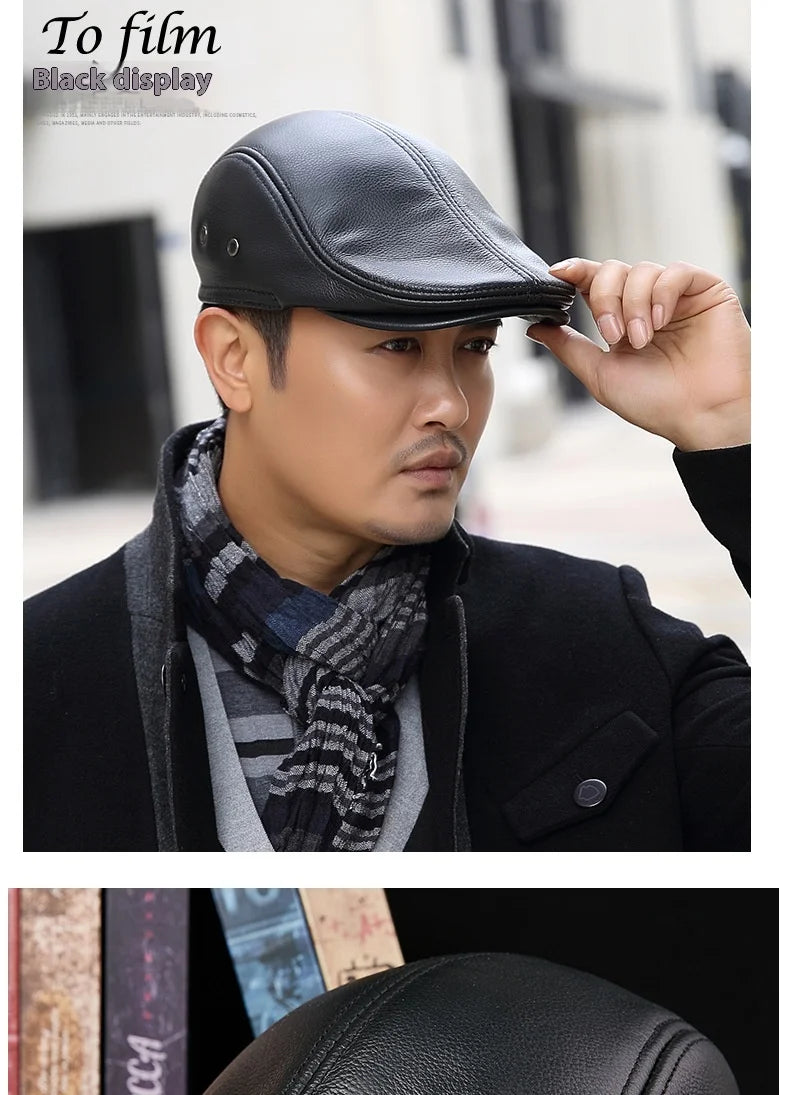 2025 Genuine Leather Beret Hat for Men Warm Windproof Winter Cap Fashion Gentleman Peaked Cap Vintage Stylish Driver Hat Gift