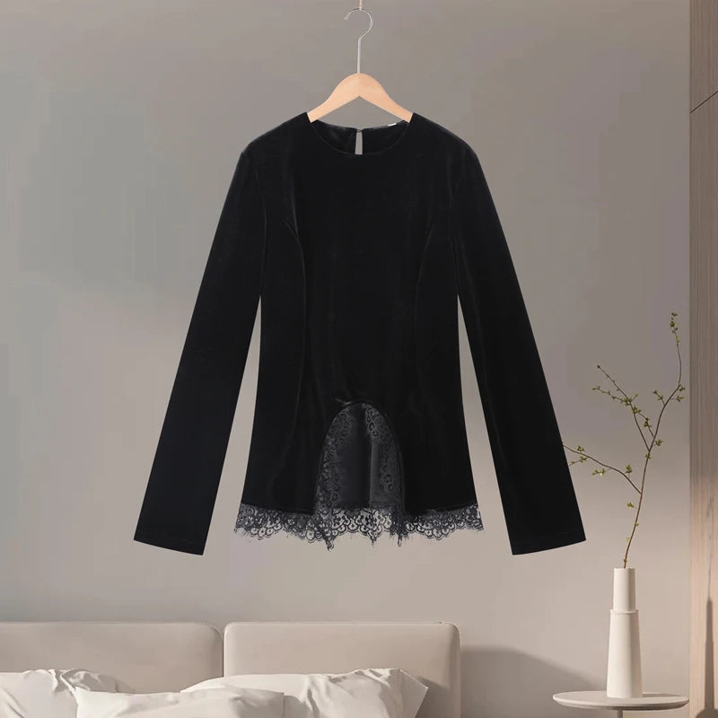 Elegant Lace Velvet Patchwork Women Top Flare Long Sleeve O-neck Split Female Blouse 2026 Spring Summer Lady Clothes New