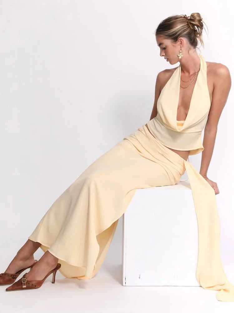 Nibber Temperament Frauen 3-teiliges Set Stapel-Trend Neckholder-Tops + geteilte Quasten-Hose + Blumen-Netzröcke Passende Urlaubskleidung