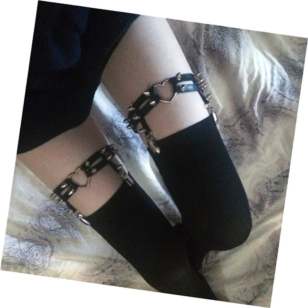 New 80s Punk Goth Round Bow Heart PU Leather Elastic Leg Chain Rings Body Jewelry On The Legs Elastic Body Suspender Jewelry