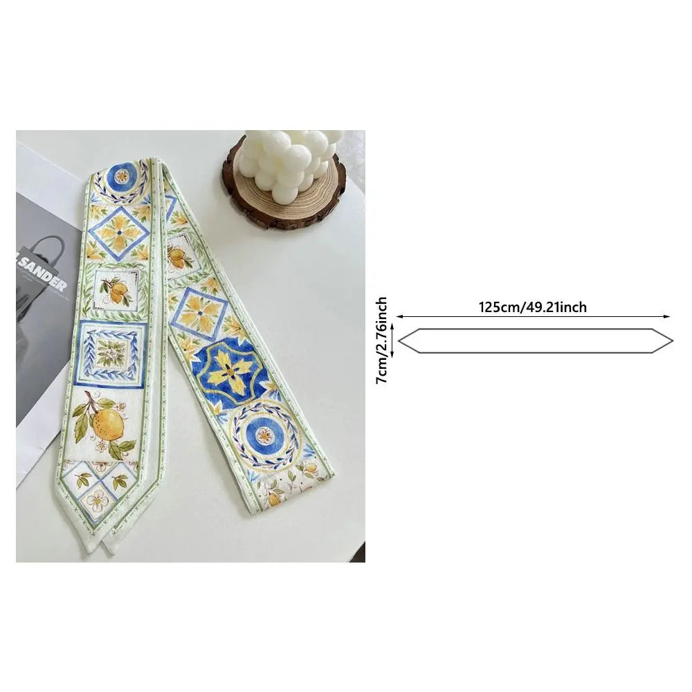 Summer Versatile Satin Silk Ribbon Scarf Fresh Floral Narrow Hair Tie Long Thin Fashion Accessory for Women Bag Strap