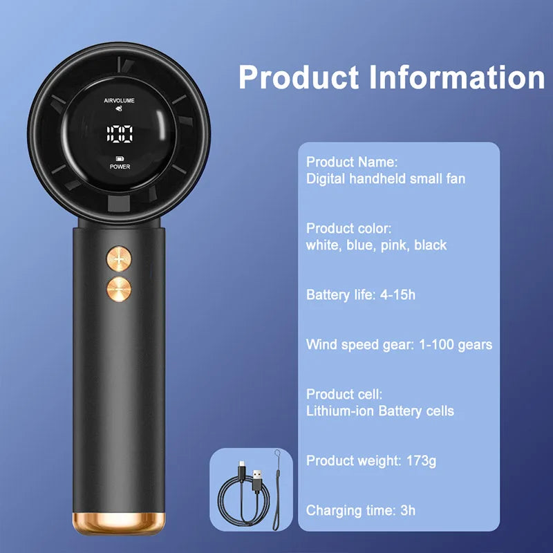 Portable Handheld Turbo Fan Air Cooler LED Display USB Rechargeable High-Speed Mini Electric Fan Quiet Cooling for Outdoor