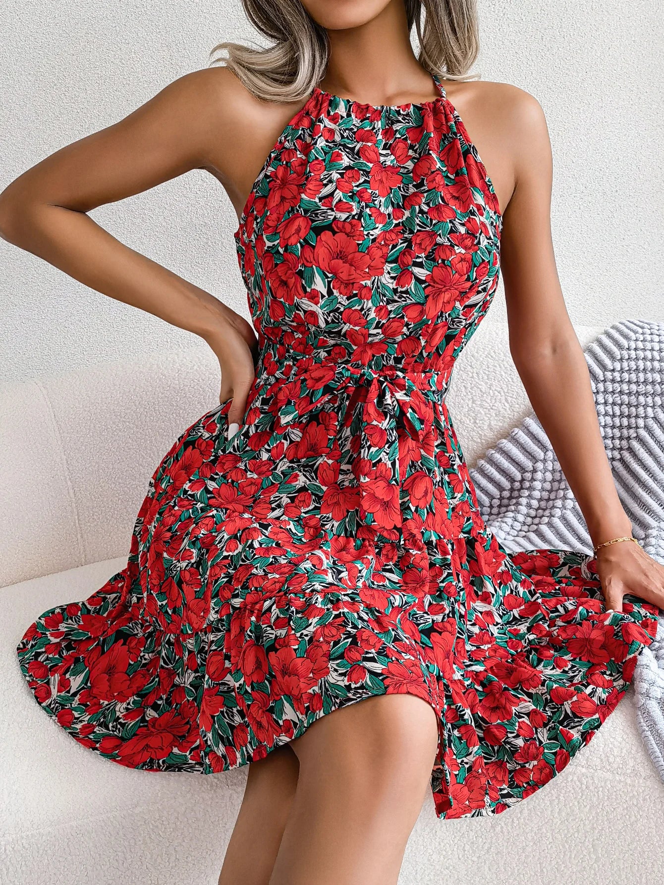Casual Halter Ruffle Hem Sleeveless A-line Floral Print Dress For Women Summer