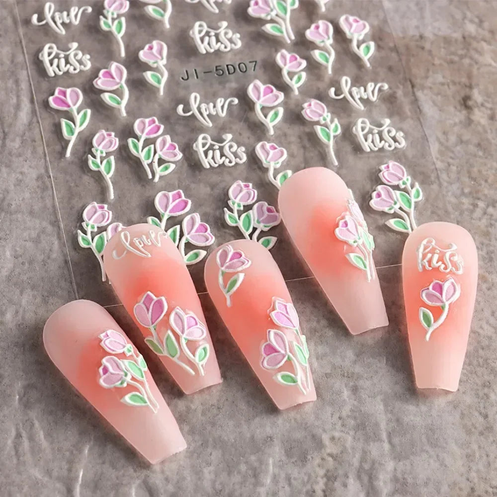 5D Nail Stickers Flowers Geometric Lines Decor Acrylic Embossed Sliders Gold Frame Nail Decals Cherry Blossom Manicure Nail Art