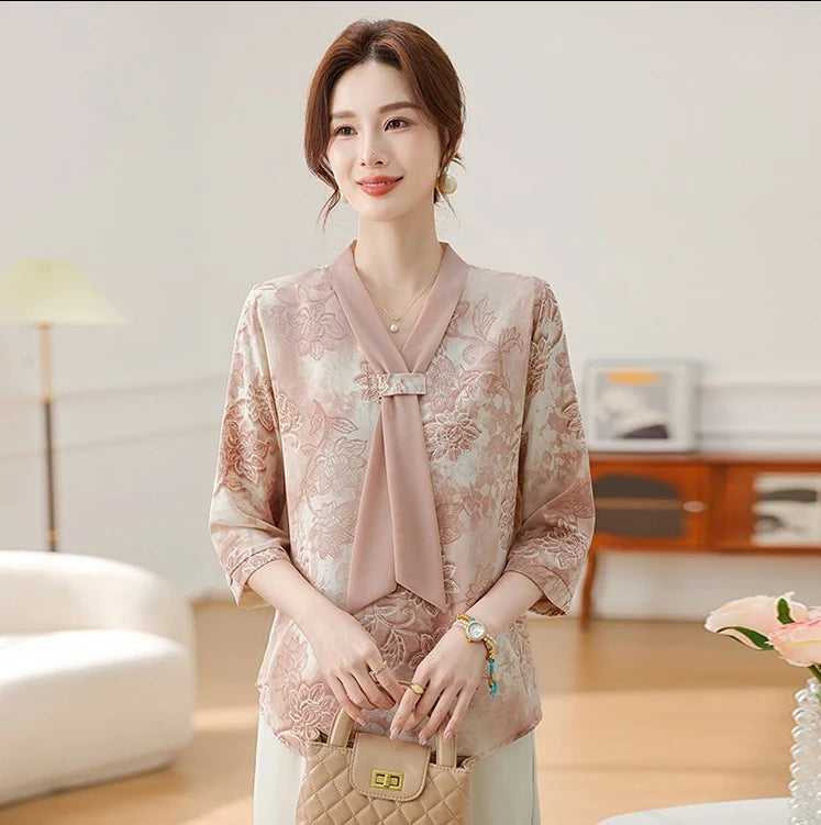 Fashion Printed Spring and Autumn shawl collar Women's Fashion Floral Checked Mid Sleeved Loose Chiffon Tops