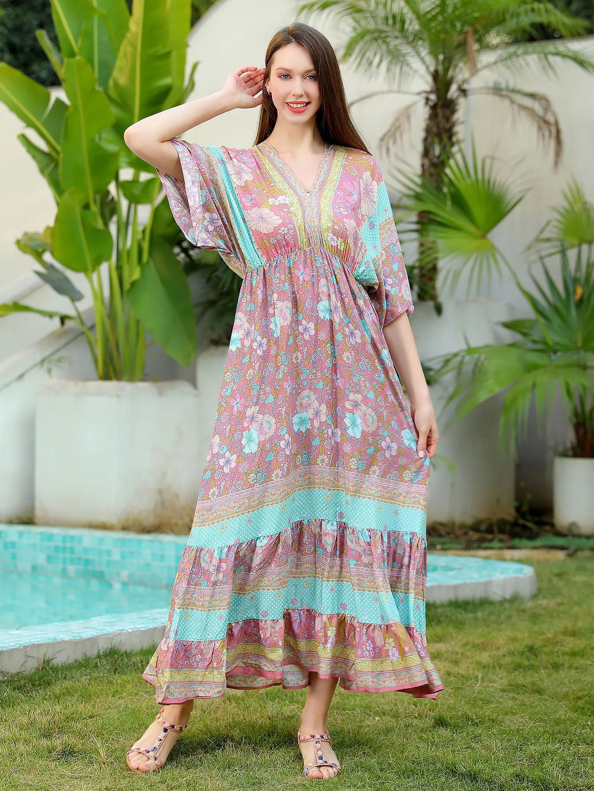 Bohemian Oversize Loose Elastic Waist Maxi Dresses Women Robe Cotton Rayon Floral Printed Long Dress Summer Boho Beach Cover up