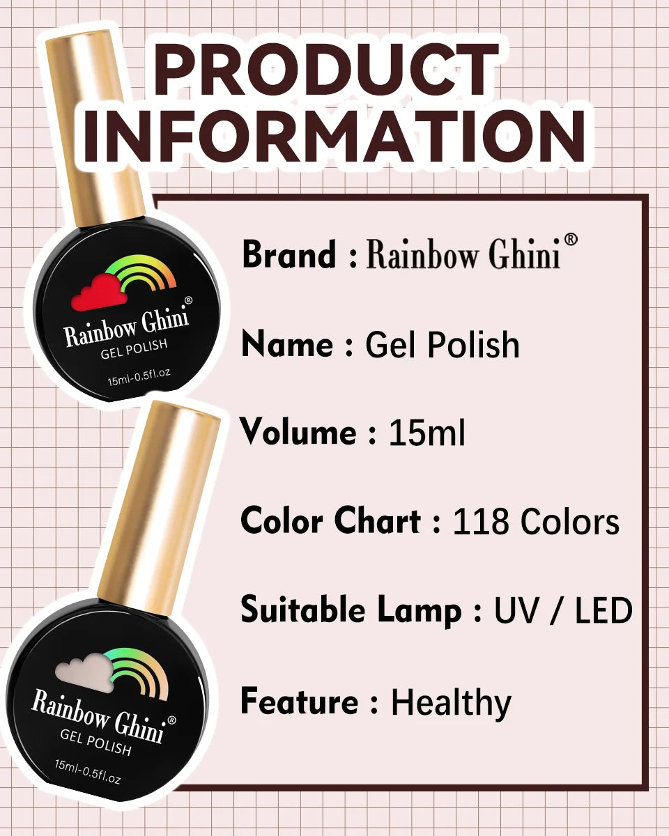 Rainbow Ghini 15ml Neon UV LED Gel Nail Polish Glitter Semi Permanent Hybrid Varnish Paints Nails Supplies for Professionals