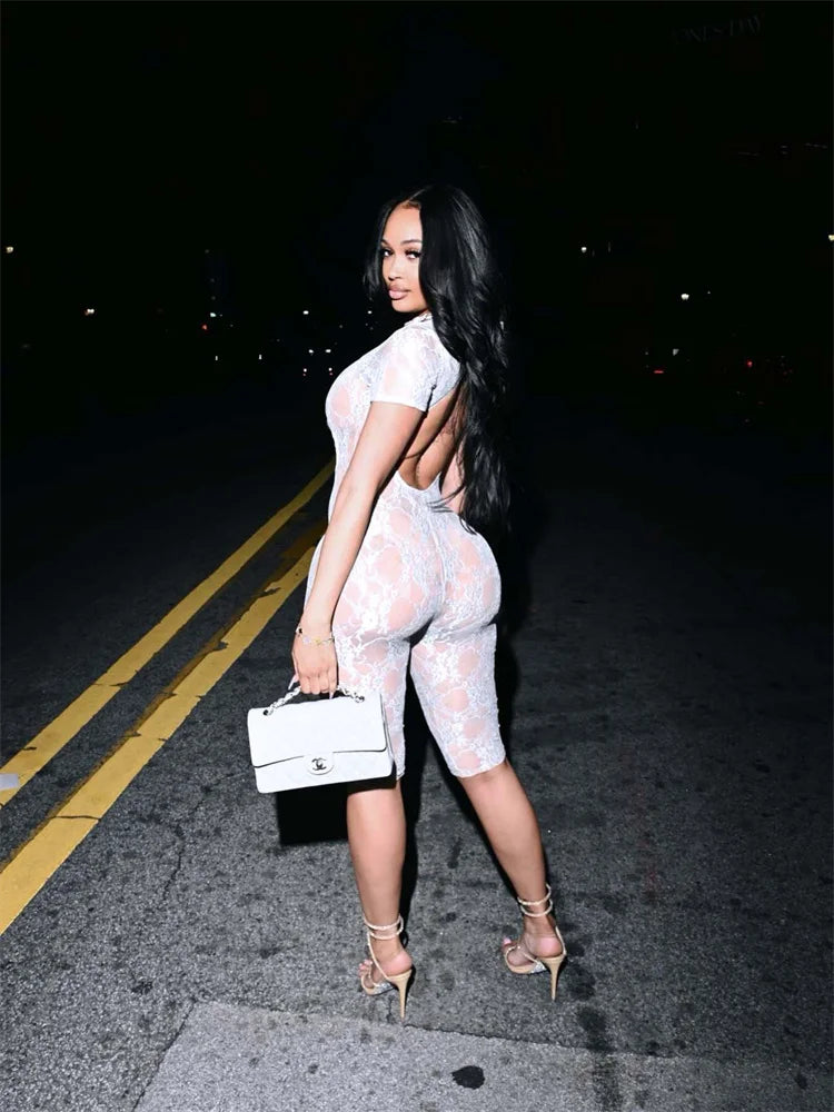 Großhandel Kleidung Lässiger Jumpsuit Damen 2024 Einteiler Strampler Damen Sommer Schwarz Bodycon Spitze Durchsichtiger Strampler Playsuits