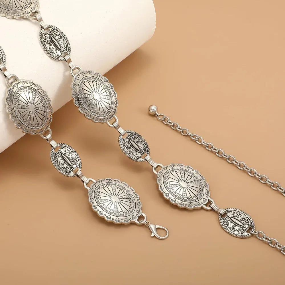 Women Boho Chain Belts for Jeans Dresses Western Silver Concho Waist Chain Belt for Women Adjustable Metal Cowgirl Belt