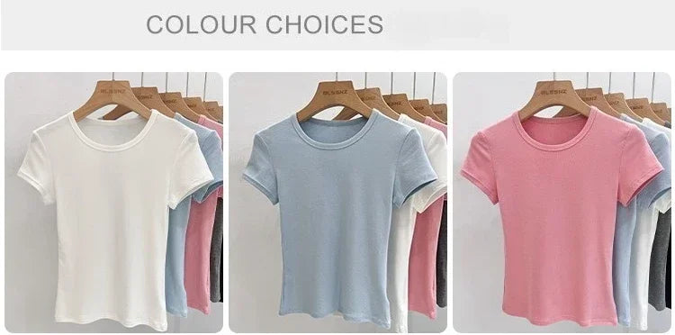 AOSSVIAO 2026 Summer White Cotton O Neck T-shirt Student Short Sleeve Versatile Tops Solid Slim Fit T Shirts Y2k Tee