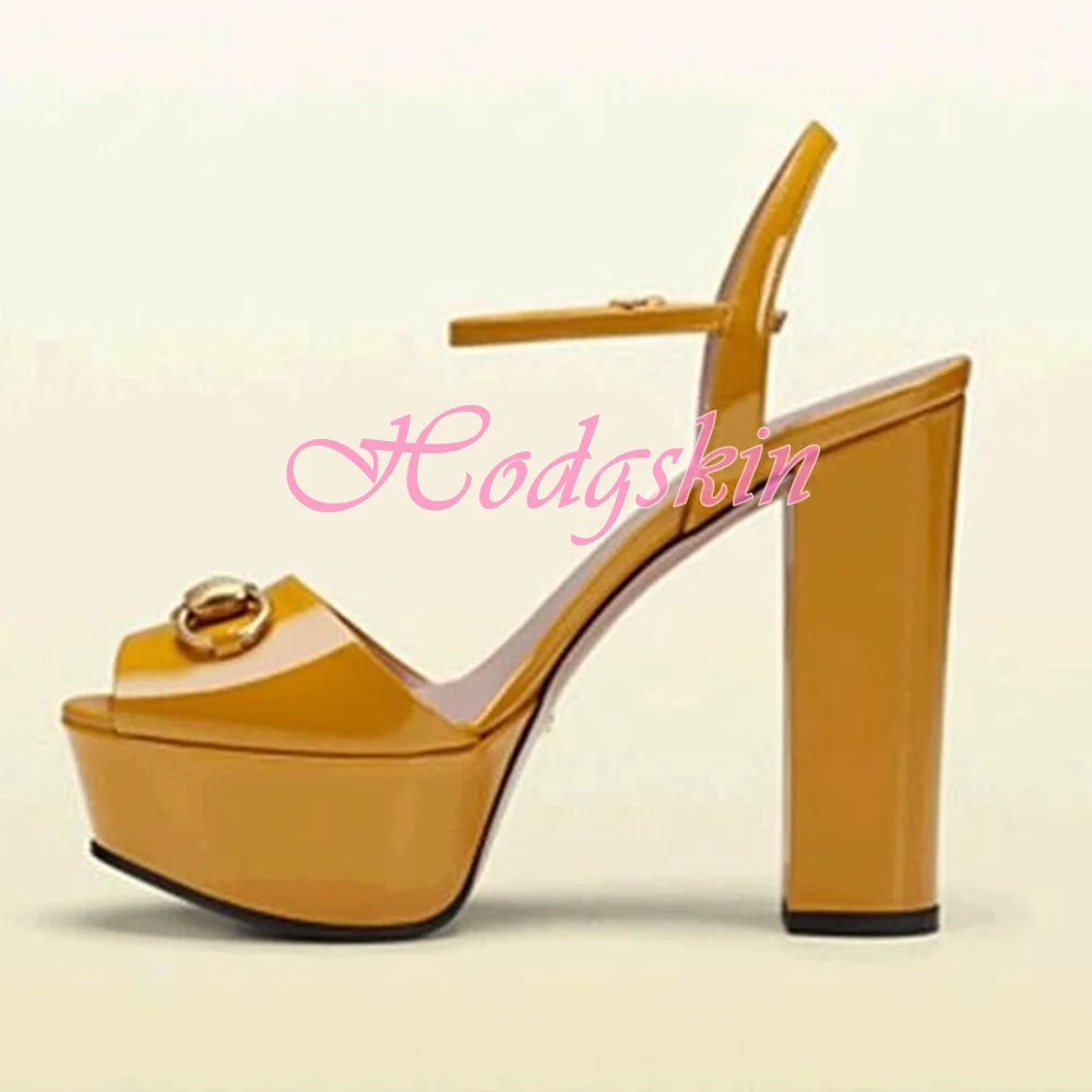Peep Toe Platform Patent Sandals Chunky High Heels Solid Ankle Buckles Strap Design Women Shoes Super Heel Big Size Party Sandal