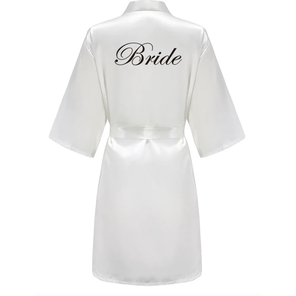 Women's Satin Kimono Robes With White Letter Bride Bridesmaid Short Getting Ready Wedding Dressing Gown