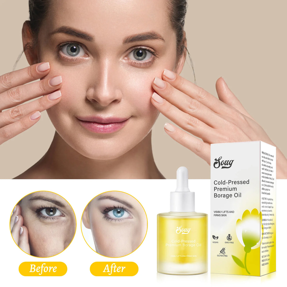 Pressed Borage Oil - 100% Pure Natural Face Oil for Skin Lifting & Firming, Vegan, GMO-Free, for Elasticity & Brightening. 30ml