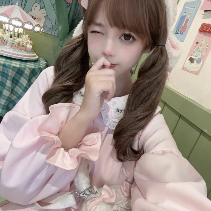 Japanese Lace Patchwork Lolita Sweet Shirt Embroidery Cartoon Kawaii Cute Blouses Harajuku Fairy Peter Pan Collar Grunge Blusas