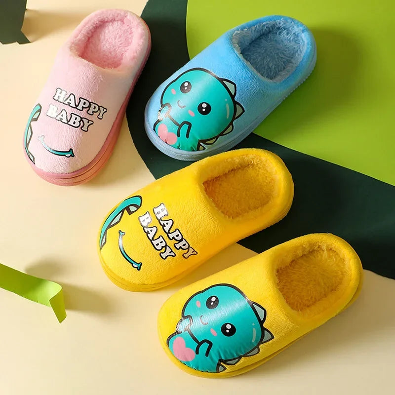 Cartoon Dinosaur Winter Warm Slippers for Kids Boys Girls Non-slip Thickness Soft Soled Slippers for Children Home Plush Shoes