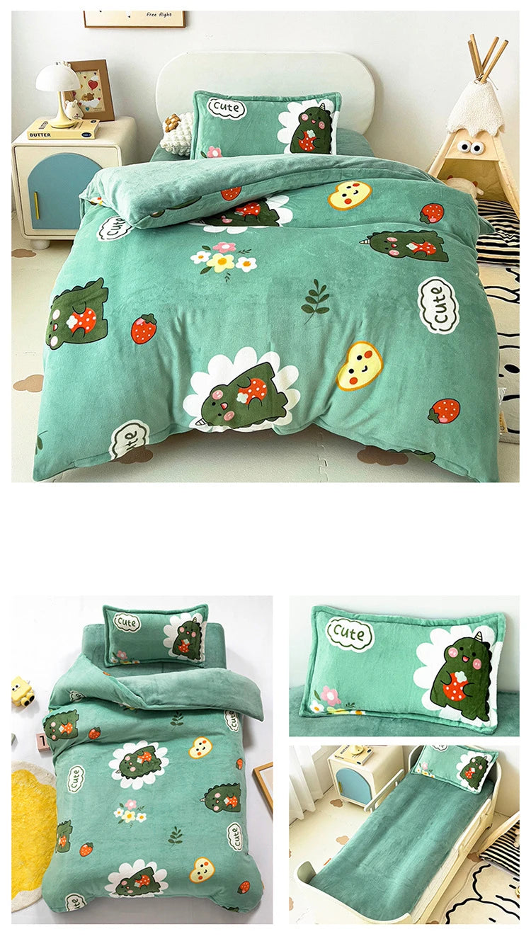 Baby Cartoon Print Bedding Set Duvet Covers Pillowcases Set Autumn Winter Warm Suede Bedclothes Bed Linen CP29