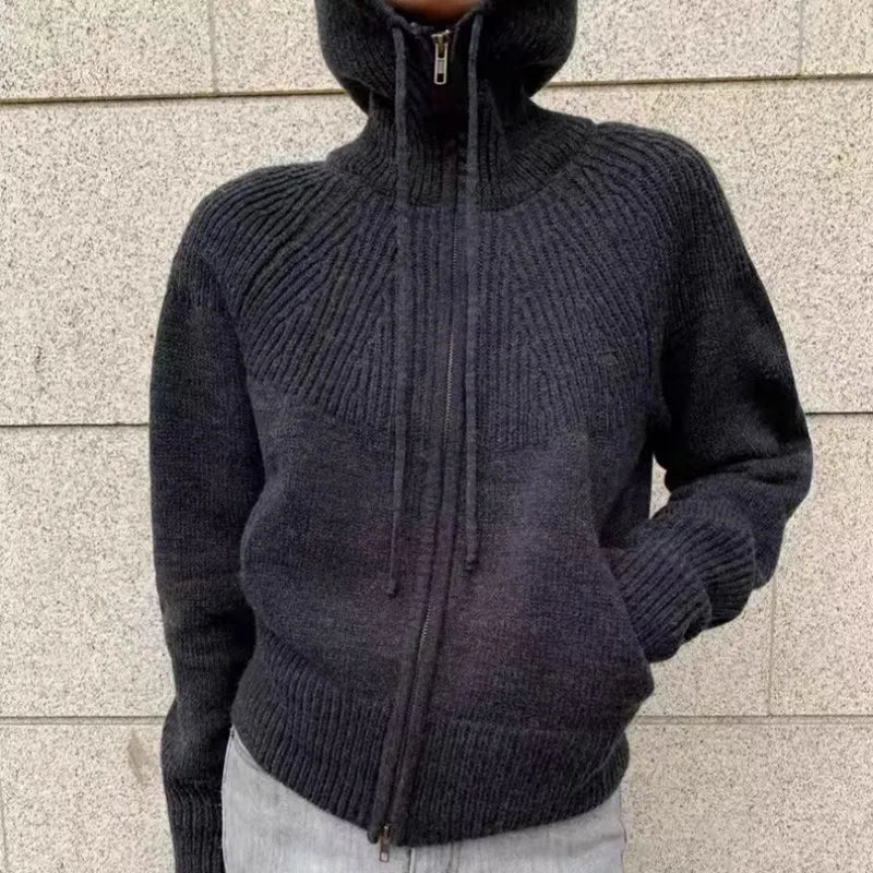 High-end double zipper hooded 100% cashmere knitted cardigan women's sweater loose hooded sweater for autumn winter wool coat
