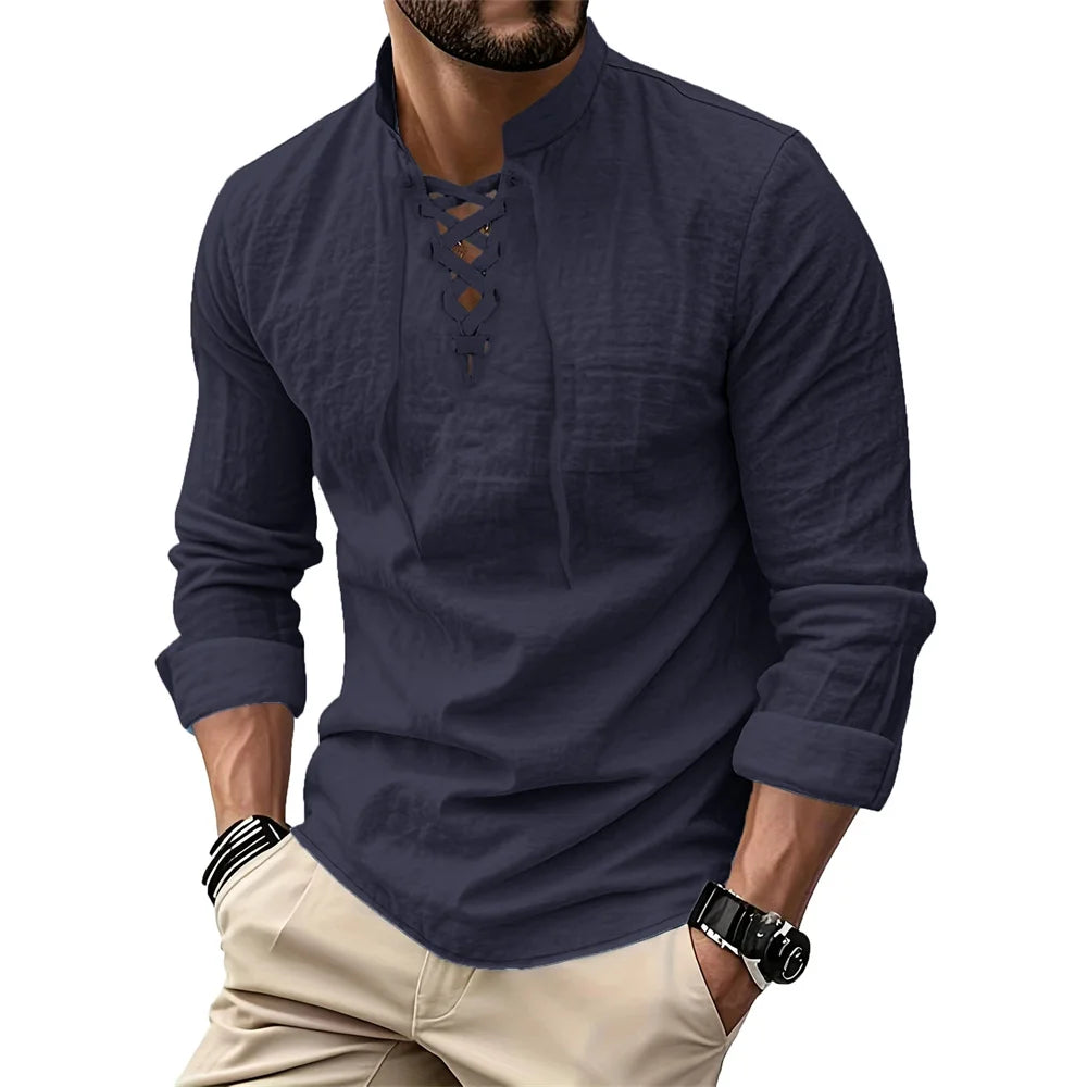 Men's Vintage V-neck T-shirt Cotton Linen Pirate Medieval Viking Gothic Tops Shirts Long Sleeved Cospaly Halloween Party Top