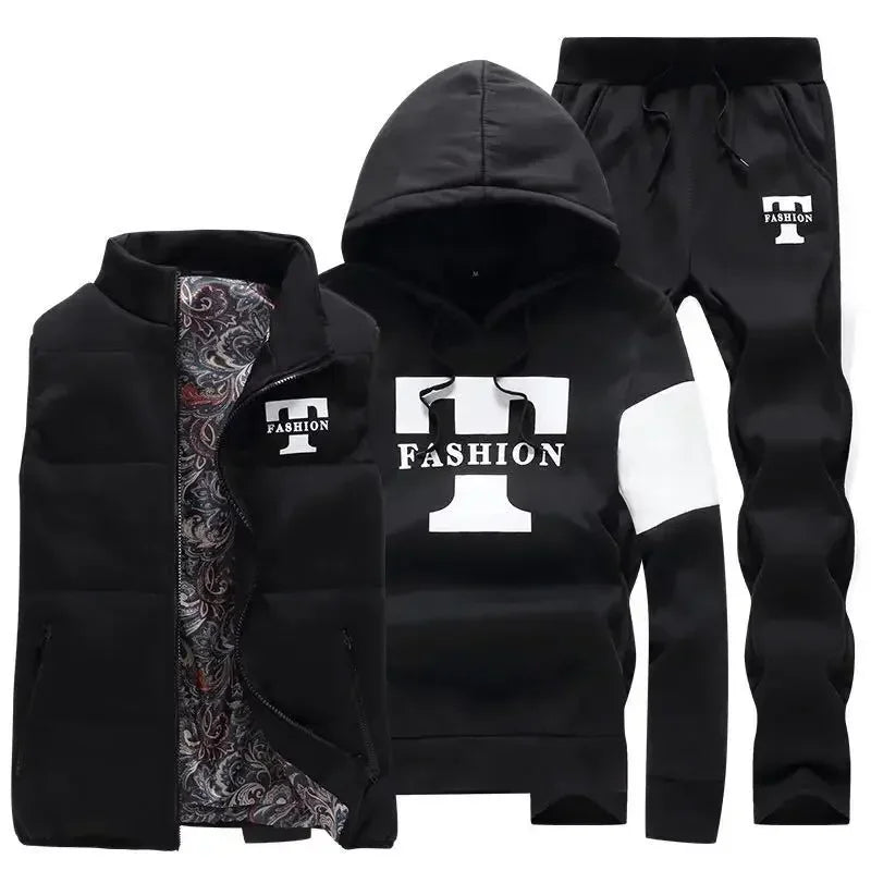 3 Pieces Set Hoodies+Vest+Pants Casual Men's Track Suit Clothing Coats Winter Thick Warm Tracksuit for Men Printed Mens Set Vest